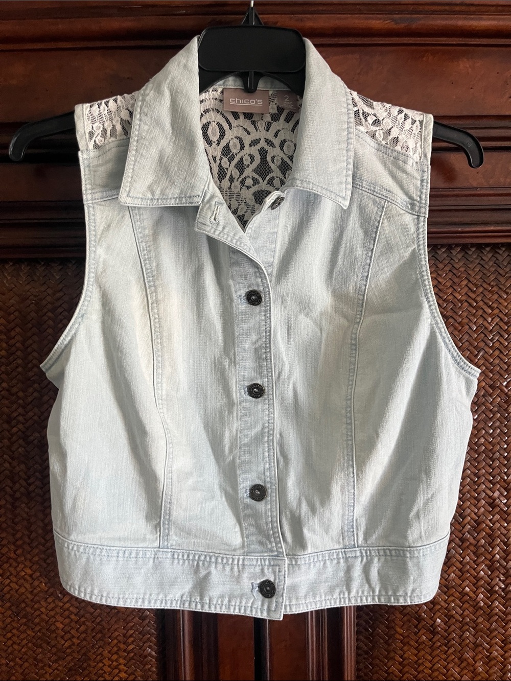 Chico's Light Blue Denim Sleeveless Vest with Lace Back